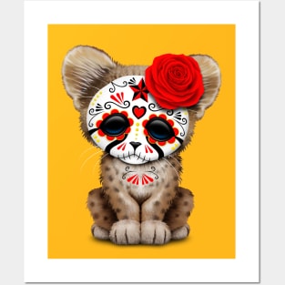 Red Day of the Dead Sugar Skull Cheetah Cub Posters and Art